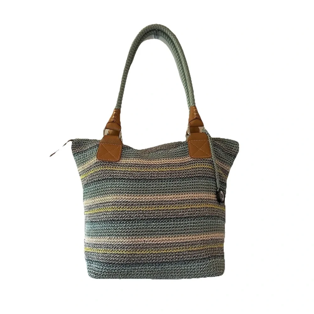 The Sak Cambria Crochet Aqua Stripe Shoulder‎ Bag Purse Double Handle
